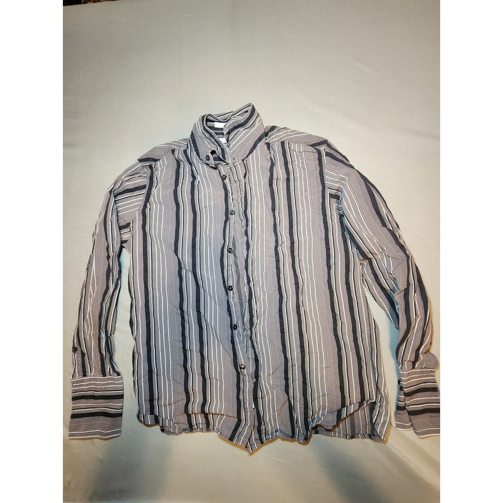 Perry Ellis Mens Large Button Front Shirt Gray Striped Long Sleeve Casual